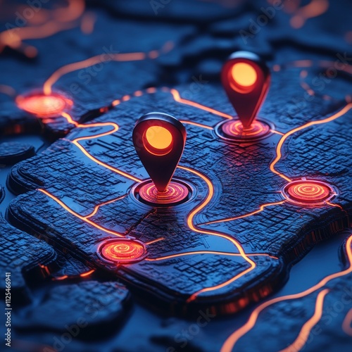 A stylized map with glowing markers indicating specific locations. photo