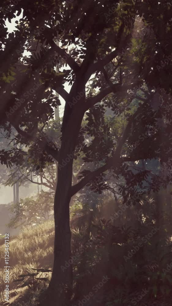 The sun illuminates the jungle as its rays filter through the lush green trees. The sun illuminates the jungle as its rays filter through the lush green trees.