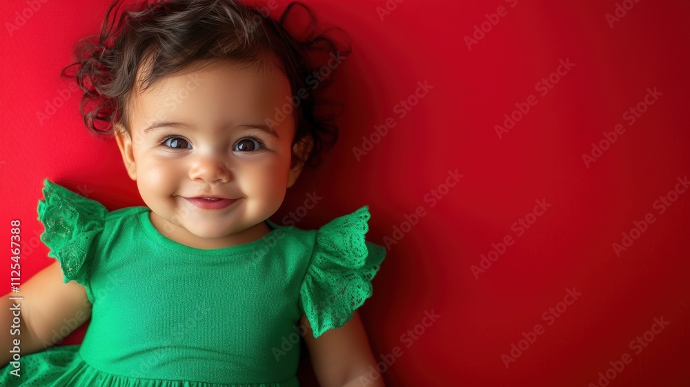 Happy Caucasian baby with blonde curls in a bright green romper lying on a solid red background Happy Caucasian baby with blonde curls in a bright green romper lying on a solid red background