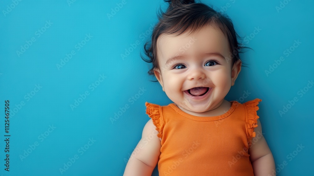 Happy Middle Eastern baby with dark hair in a bright orange romper lying on a solid blue background Happy Middle Eastern baby with dark hair in a bright orange romper lying on a solid blue background