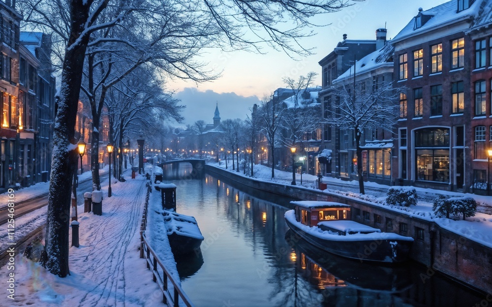 Fototapeta premium Snowy canal landscape with warm lights and historic buildings at dusk