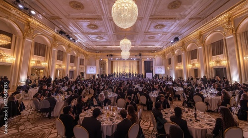 Grand ballroom filled with people at a formal event. (2) photo