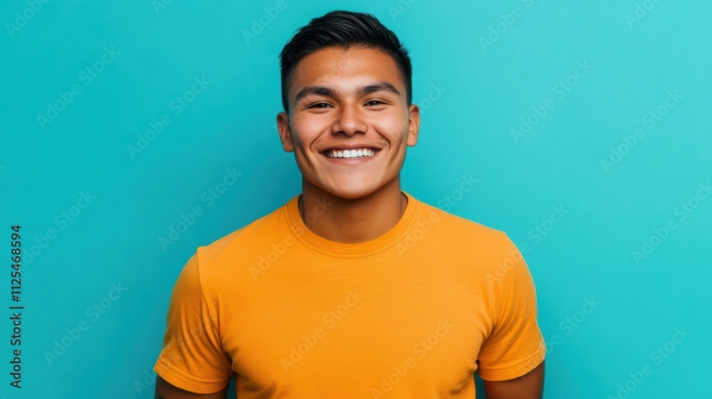 Happy young Native American man in bright orange shirt standing against solid blue background Happy young Native American man in bright orange shirt standing against solid blue background