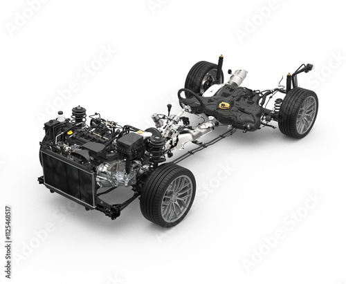 Vehicle drivetrain and powertrain on transparent background. Front wheel drive and powertrain. Automotive industry.