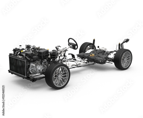 Vehicle drivetrain and powertrain on transparent background. Front wheel drive and powertrain. Automotive industry.