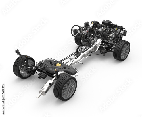 Vehicle drivetrain and powertrain on transparent background. Front wheel drive and powertrain. Automotive industry.