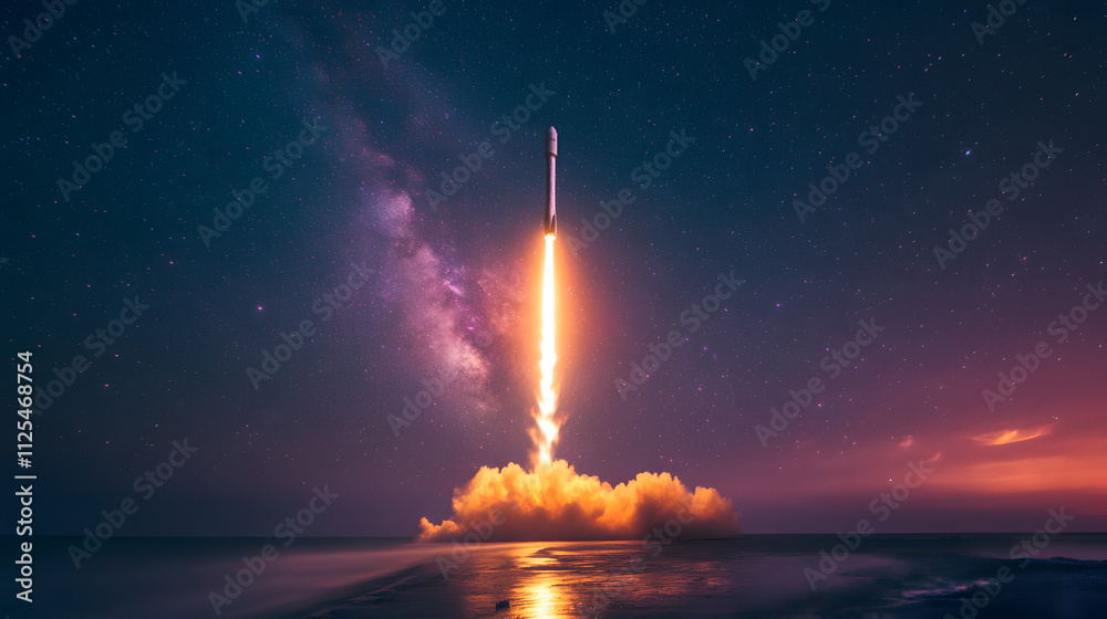 Obraz premium A rocket ascending into a vibrant night sky filled with stars its exhaust trail glowing brightly.