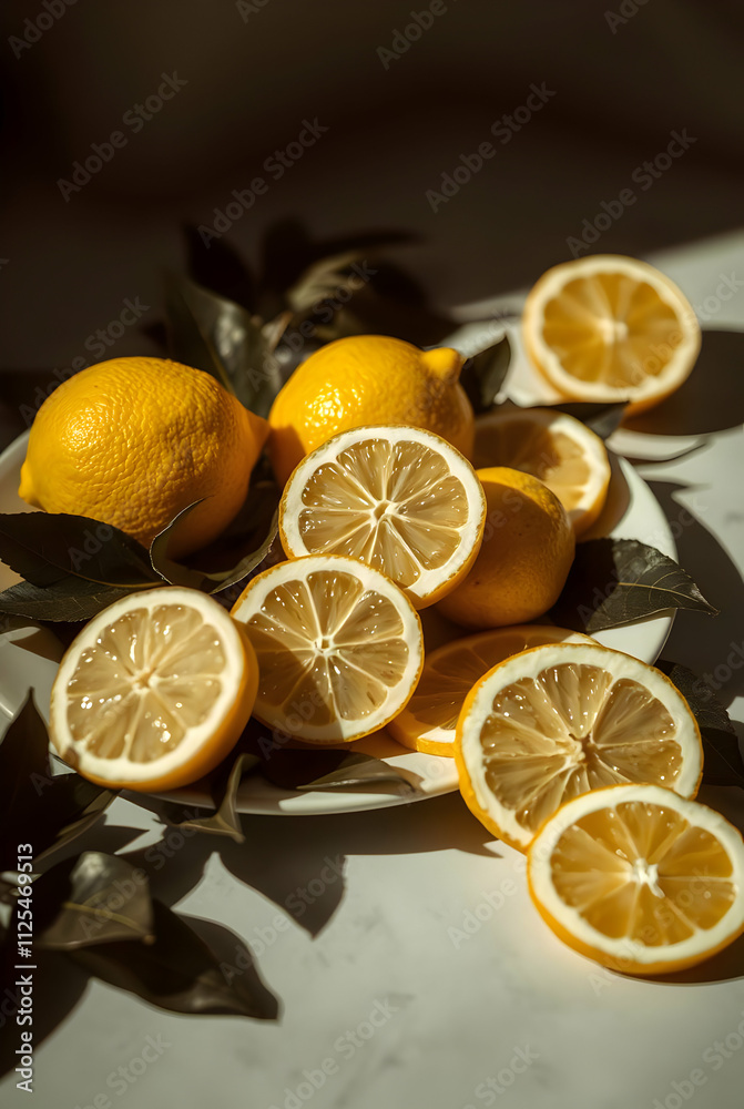 A beautifully arranged set of lemons and slices of lemon on a white plate, with every detail of the fruit and plate in sharp focus. A beautifully arranged set of lemons and slices of lemon on a white plate, with every detail of the fruit and plate in sharp focus.