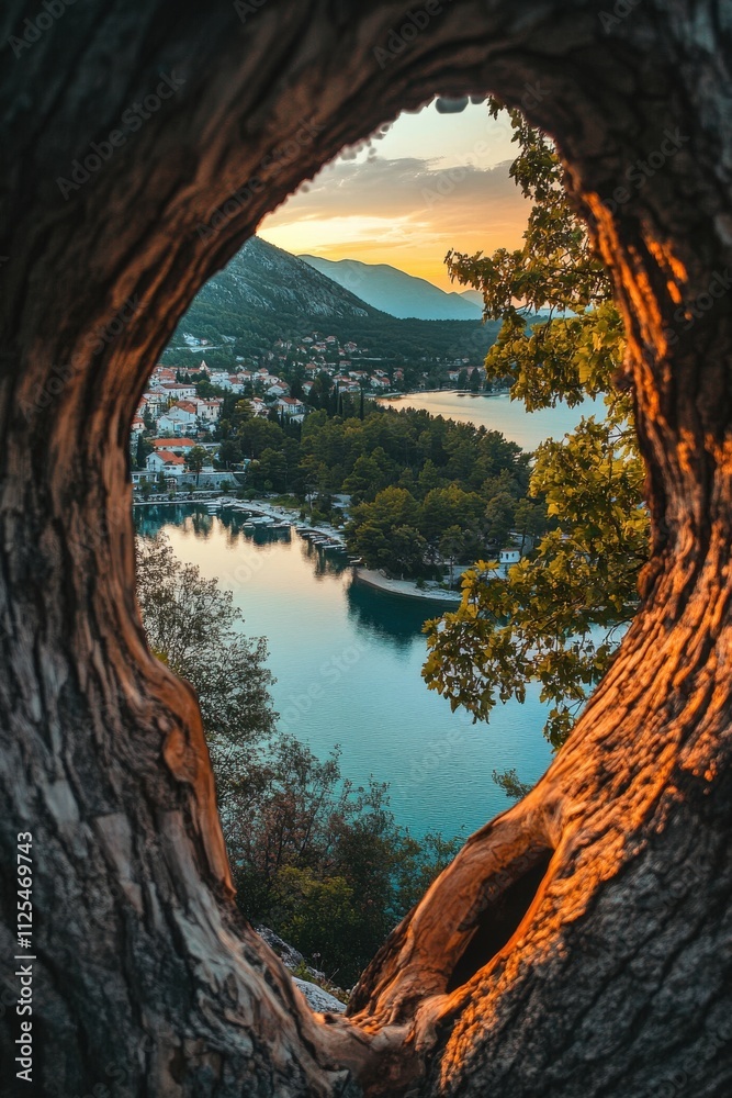 Fototapeta premium Stunning View of Cretan Lake Framed by Oak Tree Branch with Blue Sky and Greenery