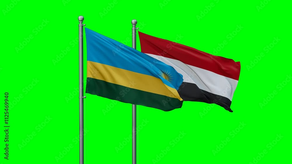 Yemen and Rwanda flags flying together, video concept of the relationship with colored chroma key for easy background remove, two country cooperation concept Yemen and Rwanda flags flying together, video concept of the relationship with colored chroma key for easy background remove, two country cooperation concept