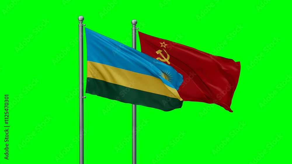 Soviet Union or USSR and Rwanda flags flying together, video concept of the relationship with colored chroma key for easy background remove, two country cooperation concept Soviet Union or USSR and Rwanda flags flying together, video concept of the relationship with colored chroma key for easy background remove, two country cooperation concept