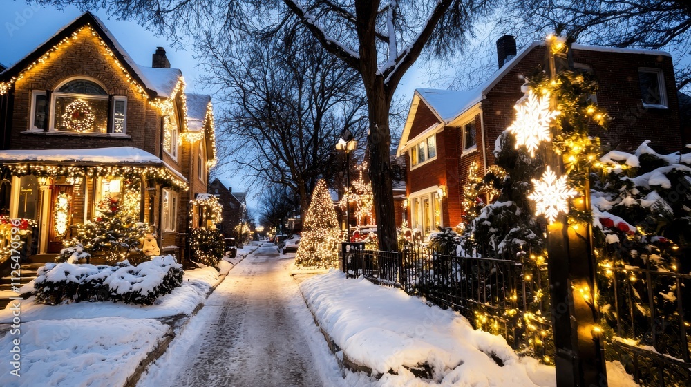 Festive christmas streets with snowy homes decorated for the holidays winter wonderland cozy evening view Festive christmas streets with snowy homes decorated for the holidays winter wonderland cozy evening view