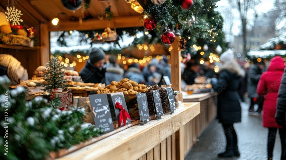 Festive food stalls at christmas market city center holiday event evening atmosphere close-up view