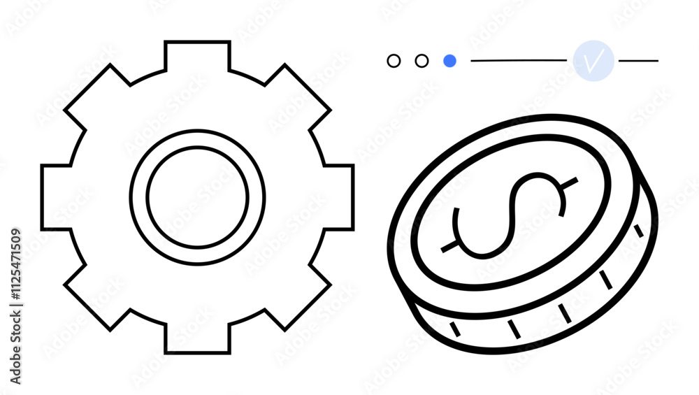 Gear and coin representing concepts of finance, work, and technical operations. Ideal for business, technology, financial services, efficiency, productivity engineering management. Line metaphor Gear and coin representing concepts of finance, work, and technical operations. Ideal for business, technology, financial services, efficiency, productivity engineering management. Line metaphor