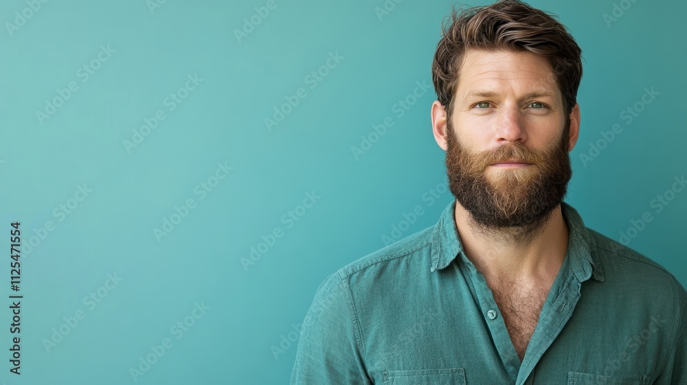 Serious Portrait of a Caucasian Man with Beard in Casual Shirt with Smooth Colorful Background Serious Portrait of a Caucasian Man with Beard in Casual Shirt with Smooth Colorful Background