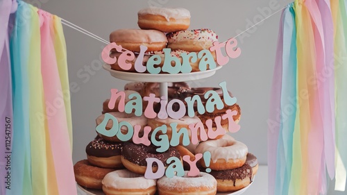 Tiered Donut Display Celebrating National Doughnut Day with Pastel Decorations