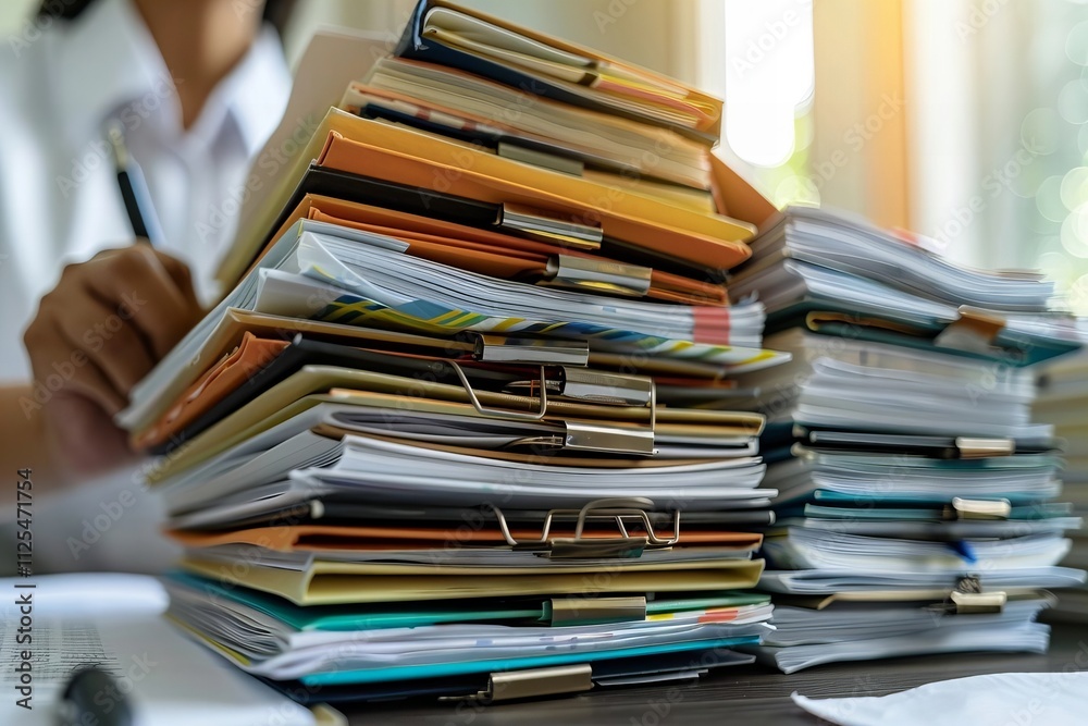 Organized Clerk Manages Pile of Tax Files and Account Documents Organized Clerk Manages Pile of Tax Files and Account Documents