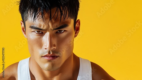 Portrait of a muscular man with a focused expression, wearing a tank top, set against a bold yellow background.