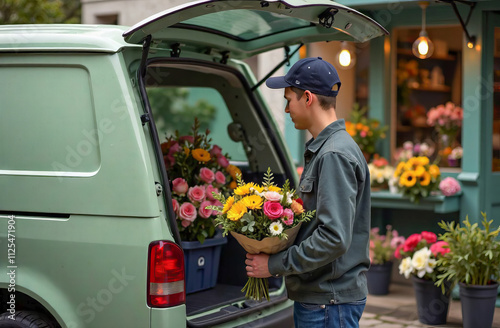 The guy is a bouquet deliverer, brought the order to the client. He takes bouquets out of the car. photo