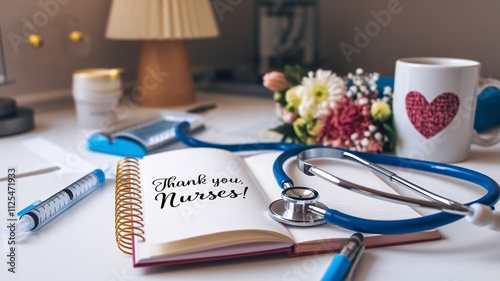 Thank You Nurses Message with Stethoscope, Notebook, and Heart Mug on Desk