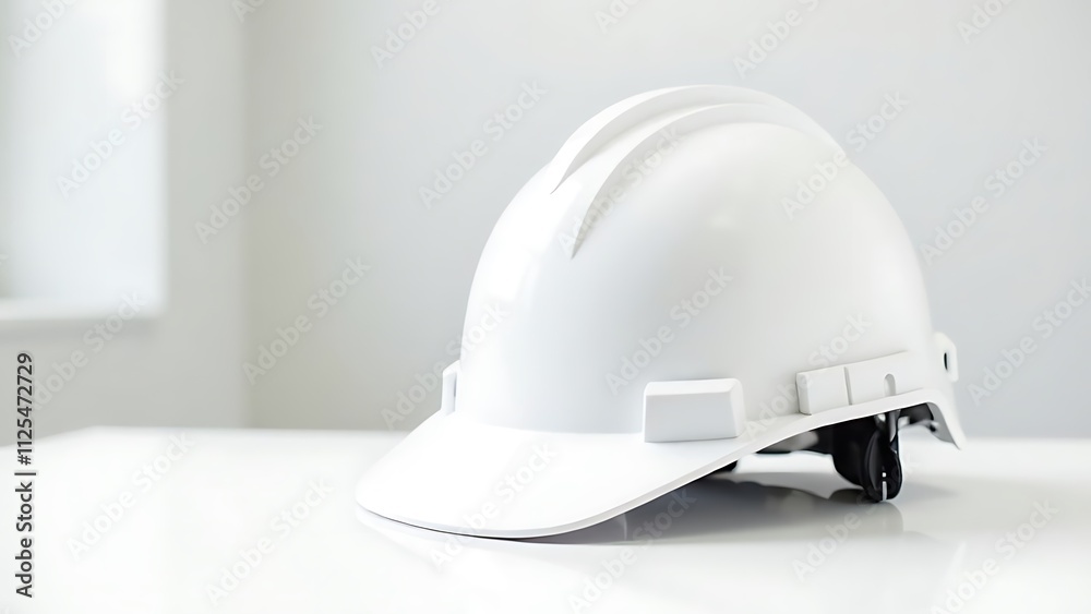 White construction helmet lies on a white table, white walls White construction helmet lies on a white table, white walls