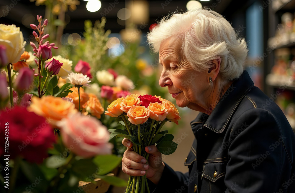 An elderly beautiful lady sniffs and looks at a bouquet that she wants to buy in a flower shop An elderly beautiful lady sniffs and looks at a bouquet that she wants to buy in a flower shop