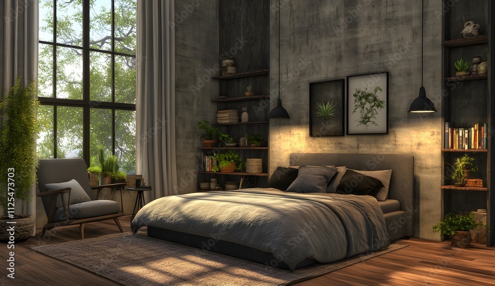 Industrial bedroom with hanging light fixtures and modern bed, combining rustic and contemporary elements for an upscale look