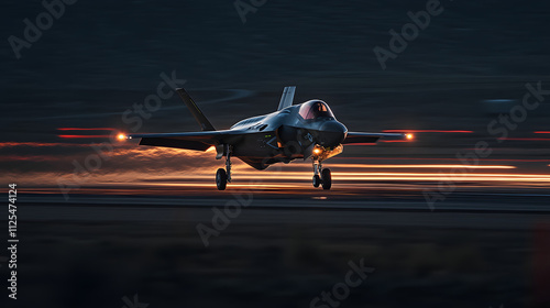 A stealth F-35 Lightning jet landing smoothly with its landing gear extended. photo