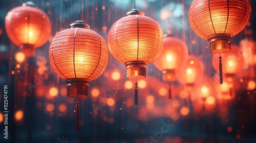 Illuminated Red Lanterns in Rain Festive Asian Lights