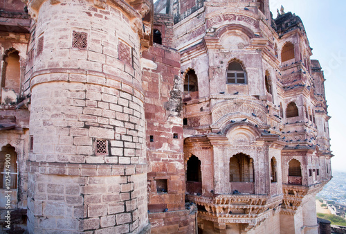 Walls and towers of the abandoned fort in Indian Rajasthan