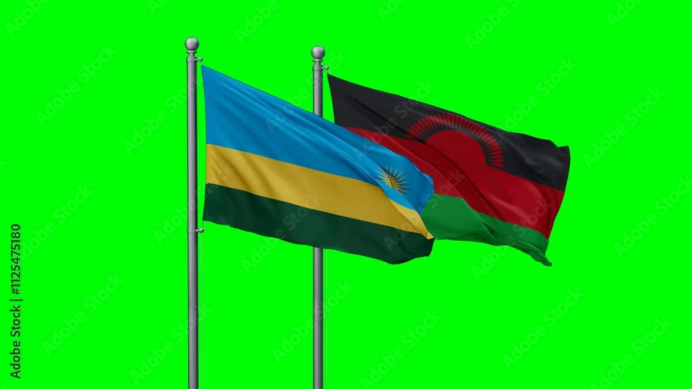 Malawi and Rwanda flags flying together, video concept of the relationship with colored chroma key for easy background remove Malawi and Rwanda flags flying together, video concept of the relationship with colored chroma key for easy background remove