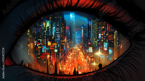 A cityscape reflected in the iris: an enigmatic gaze into urban lights and dreams. Enigma. Illustration photo