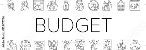 budget planning finance saving icons set vector. expenses income, allocation forecasting, analysis strategy, goal investment cashflow budget planning finance saving black contour illustrations