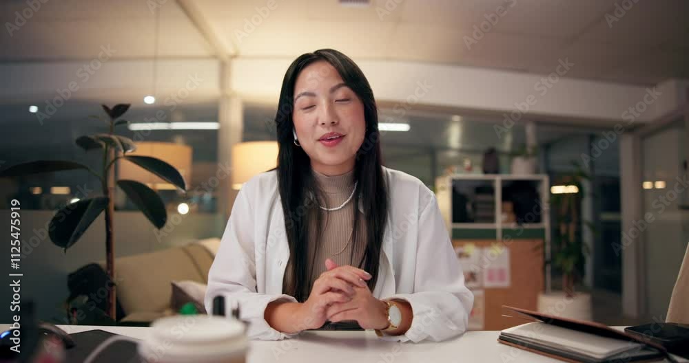 Happy, asian woman and explanation with video call at night for presentation, webinar or online communication. Portrait, female person or talking with smile or POV for virtual meeting at office desk