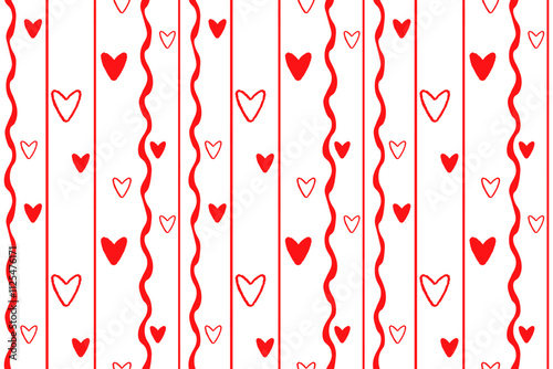 Red hearts Vertical wavy lines Seamless pattern lovely romantic Isolated background Valentine's Day textiles fabric wallpaper wrapping paper wallpaper polygraphy Repeating design Fabric print design