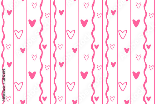 Pink hearts Vertical wavy lines Seamless pattern lovely romantic Isolated background Valentine's Day textiles fabric wallpaper wrapping paper wallpaper polygraphy Repeating design Fabric print design