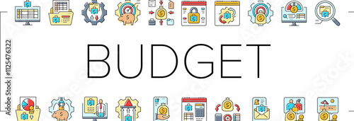 planning budget finance income icons set vector. investment cashflow, management optimization, prioritization tracking planning budget finance income color line illustrations