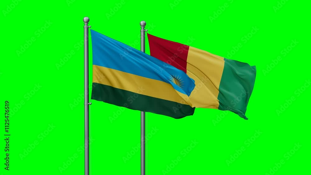 Republic of Guinea or Guinea-Conakry and Rwanda flags flying together, video concept of the relationship with colored chroma key for easy background remove Republic of Guinea or Guinea-Conakry and Rwanda flags flying together, video concept of the relationship with colored chroma key for easy background remove