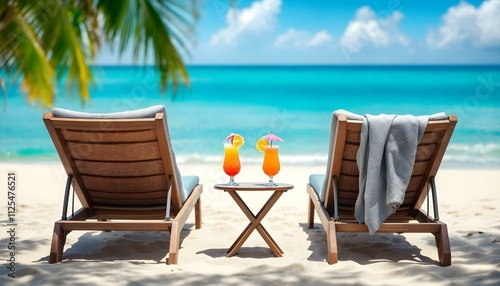 Two lounge chairs on the beach with a small table between them with fruity drinks and umbrellas in front of the ocean with a sandy beach and water and palm trees umbrellas sun on vacation honeymoon