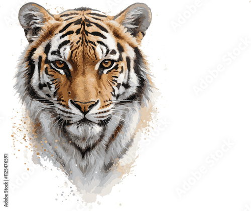 A majestic white Bengal tiger, a rare and wild feline, stares intently with piercing eyes, Watercolor