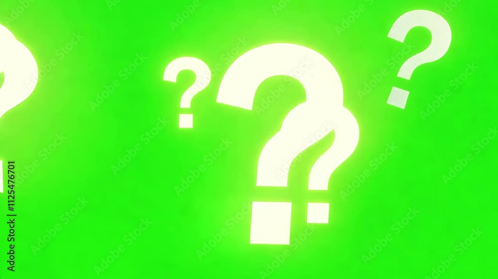 Dynamic movement of floating question marks on neon green background