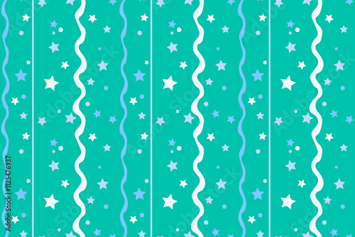 Blue stars Vertical wavy lines Seamless pattern Isolated green mint background Wrapping paper Fabric wallpaper wallpaper polygraphy Repeating design Fabric print template