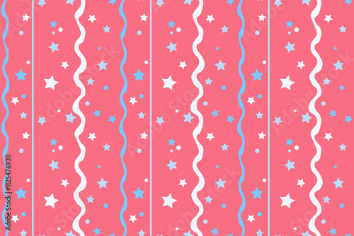 Blue stars Vertical wavy lines Seamless pattern Isolated pink background Wrapping paper Fabric wallpaper wallpaper polygraphy Repeating design Fabric print template