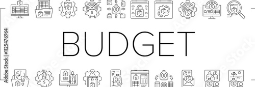 planning budget finance income icons set vector. investment cashflow, management optimization, prioritization tracking planning budget finance income black contour illustrations