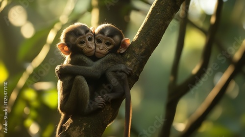 Two Baby Monkeys Hugging on a Tree Branch, with Warm Sunlight Filtering Through the Forest Canopy photo