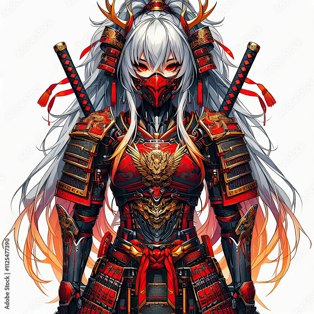 Fototapeta premium female samurai with long silver hair wearing red futuristic armor decorated with dragon motifs