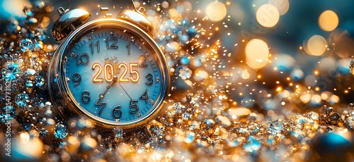 2025 New Year s Eve Clock Sparkling Celebration Festive Background photo