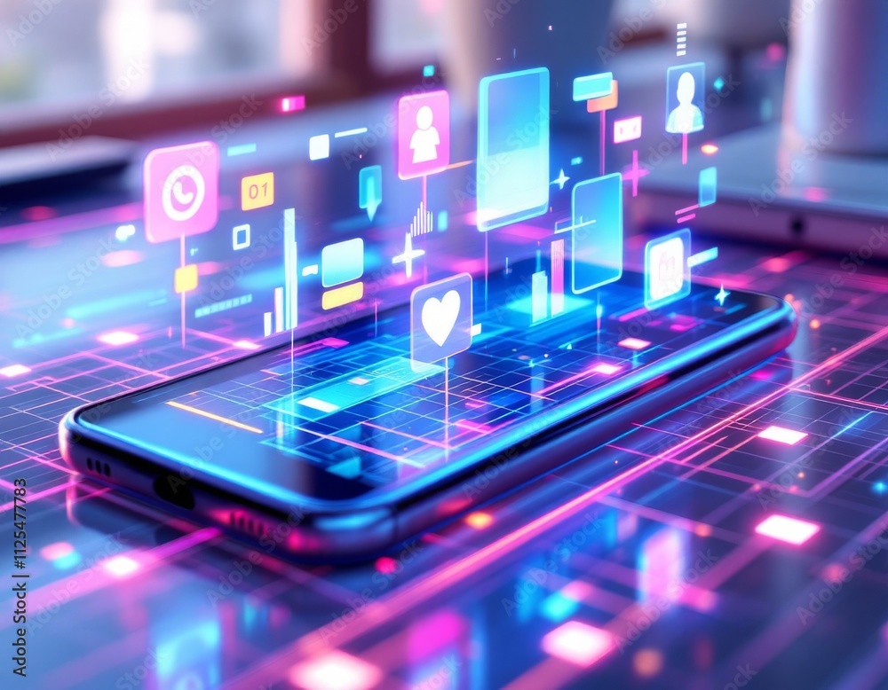 Futuristic smartphone displaying vibrant digital icons and holographic interface elements against a blurred background Futuristic smartphone displaying vibrant digital icons and holographic interface elements against a blurred background