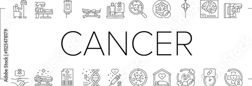 cancer treatment chemotherapy icons set vector. immunotherapy, radiotherapy surgery, oncology biopsy, remission metastasis, tumor cancer treatment chemotherapy black contour illustrations