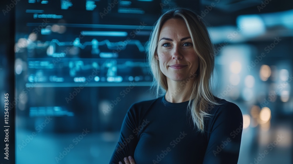 Finnish female portrait photography with sales chart screen background Finnish female portrait photography with sales chart screen background